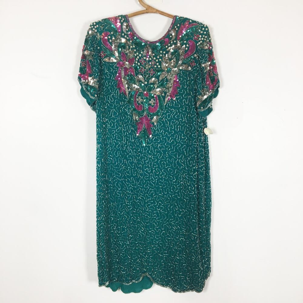 Vintage sequin formal dress teal green magenta silver Size L nwt deadstock